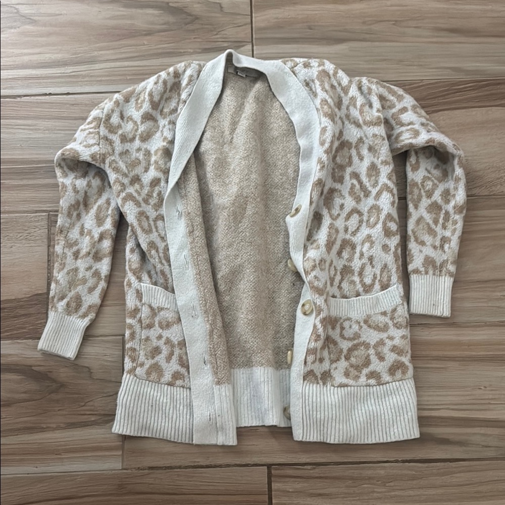 LOFT Cream and Tan Cardigan Sweater with Elegant Pattern
